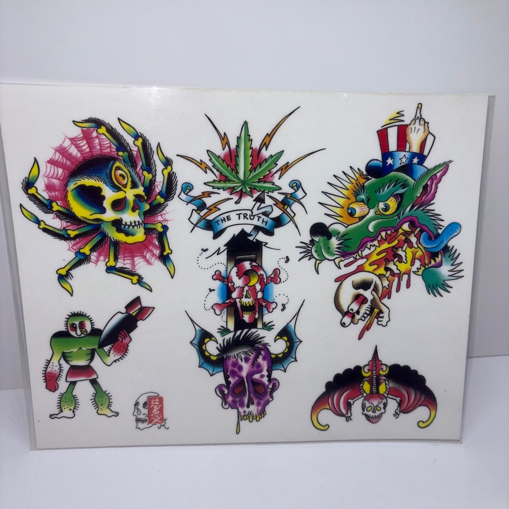 1999 Vintage Jeff Rassier Tattoo Flash Art Print Sheet Spider Skull